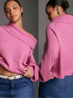 Anthropologie Off-the-Shoulder Waffle Pink Knit Top, Size Small, NWT
